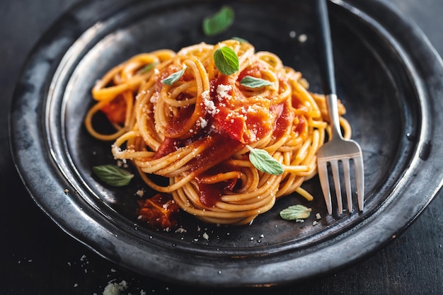 Espaguetis de pasta con salsa de tomate y queso servidos en un plato.