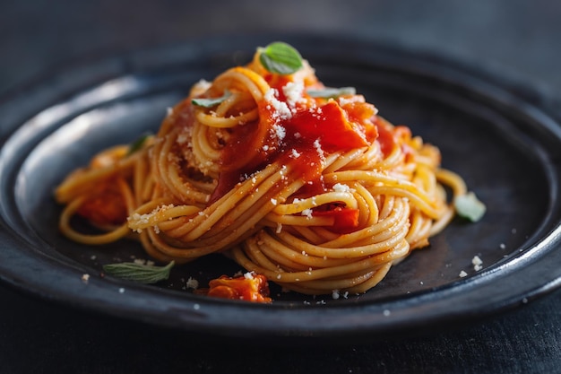 Espaguetis de pasta con salsa de tomate y queso servidos en un plato