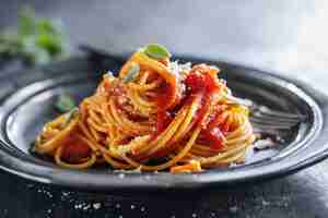 Foto gratuita espaguetis de pasta con salsa de tomate y queso servidos en un plato