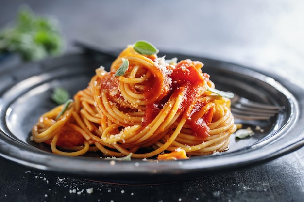 Espaguetis de pasta con salsa de tomate y queso servidos en un plato