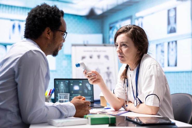 Foto gratuito especialista en atención médica que utiliza un termómetro para comprobar las mediciones de fiebre