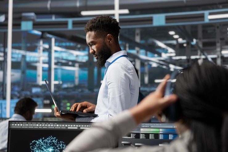 Foto gratuito especialista en centros de datos que utiliza algoritmos de aprendizaje profundo de ia en una computadora portátil