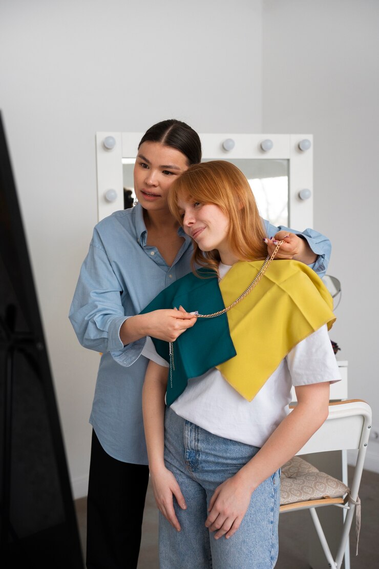 Foto gratuito especialista en colorimetría con cliente e intercambios de telas de colores