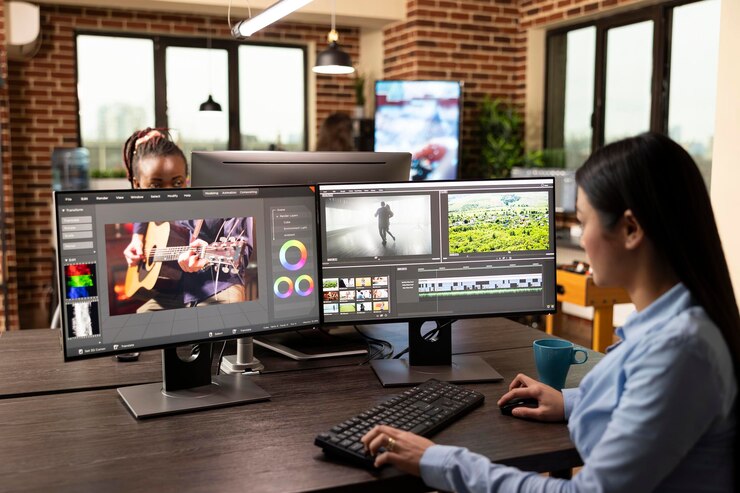 Foto gratuito especialista en edición de video y imágenes cinematográficas