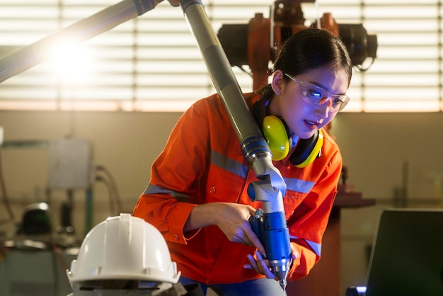 Especialista en ingeniería asiática con máquina de medición con brazo manipulador Medición de coordenadas tridimensionales Verificación de tamaños Verificación 3D de los tamaños de las piezas CMM después del proceso de mecanizado