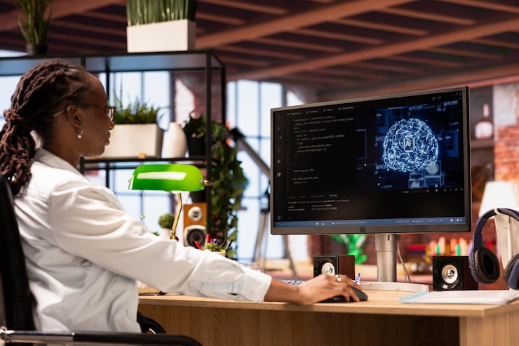 Foto gratuito especialista en tecnología de la información trabajando desde casa haciendo controles en sistemas de ia
