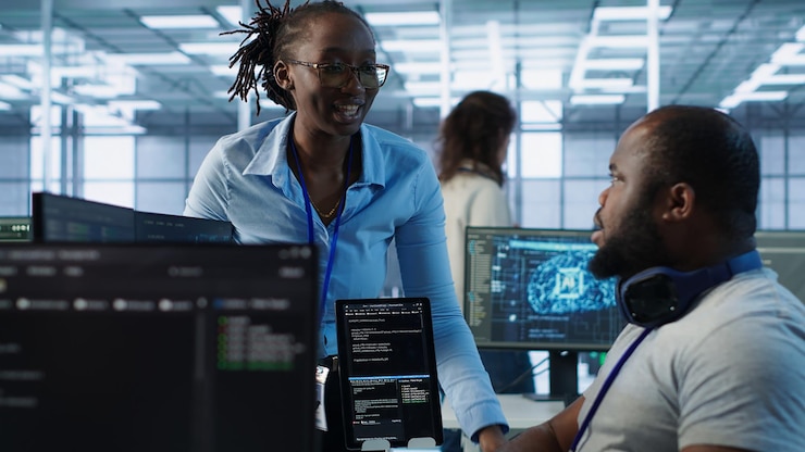 Foto gratuito especialista en ti hablando con un compañero de trabajo mientras monitorea supercomputadoras de ia