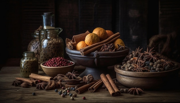 Foto gratuita especias orgánicas decoran mesa de madera realzando comida generada por ia