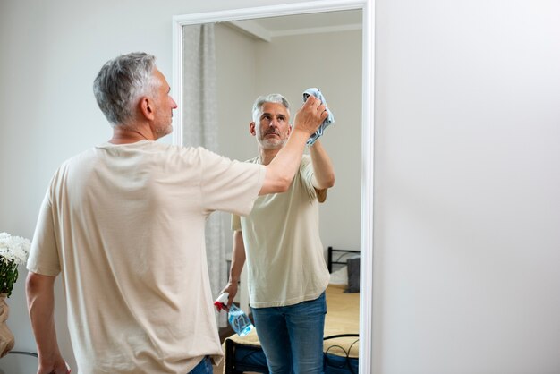 Espejo de limpieza de hombre de tiro medio