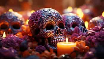 Foto gratuita la espeluznante llama de una vela decorativa de halloween ilumina un cráneo humano brillante y oscuro generado por inteligencia artificial