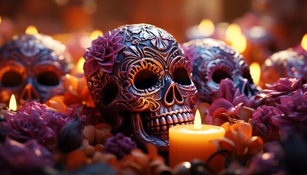 La espeluznante llama de una vela decorativa de Halloween ilumina un cráneo humano brillante y oscuro generado por inteligencia artificial