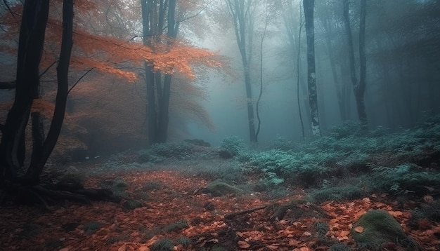 Espeluznante misterio del bosque otoñal en la niebla generada por IA