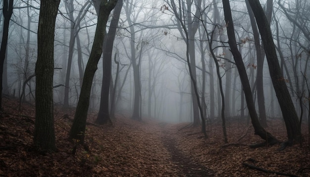 Espeluznante misterio forestal en la niebla otoñal generada por IA