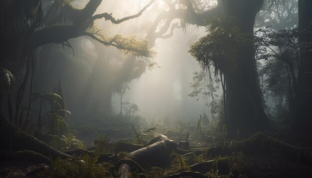 Espeluznante misterio forestal oscuro con niebla y lleno de horror generado por IA