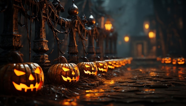 Foto gratuita una espeluznante noche de halloween, brillantes linternas de calabaza iluminan la oscuridad generada por la inteligencia artificial