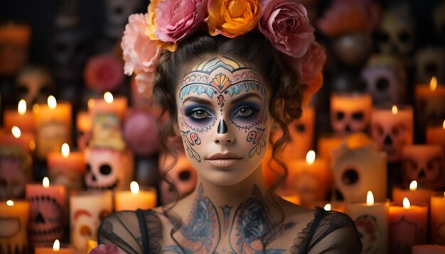 Un espeluznante retrato de belleza de Halloween con una vela y elegancia generado por inteligencia artificial