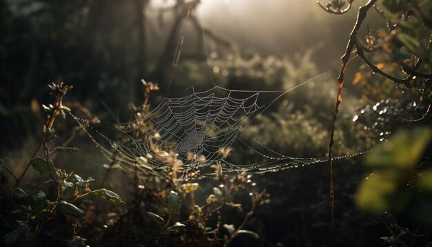 Espeluznante telaraña captura rocío en un bosque otoñal generado por IA