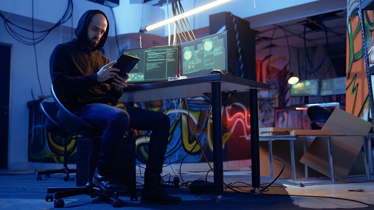 Foto gratuito espía mirando en la tableta haciendo guerra de espionaje internacional en otros países