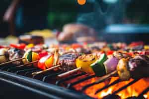 Foto gratuita espigas de barbacoa carne y verduras cocinadas en parrillas