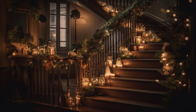 Espíritu navideño iluminado en el interior con una elegante decoración generada por IA