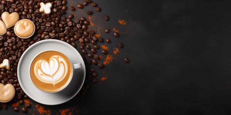 Espresso rodeado de granos de café esparcidos en una superficie oscura