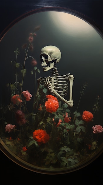 Esqueleto con flores en estudio.