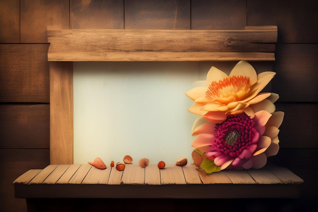 Foto gratuita un estante de madera con una flor y algunas nueces.