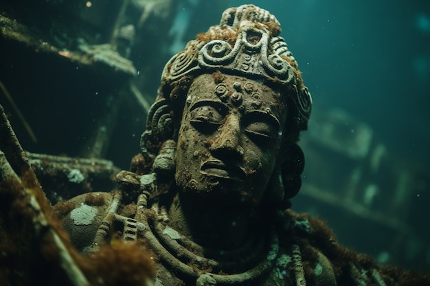 Foto gratuita estatua arqueológica sentada bajo el agua.