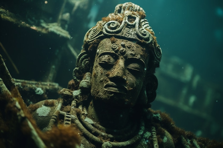 Foto gratuito estatua arqueológica sentada bajo el agua