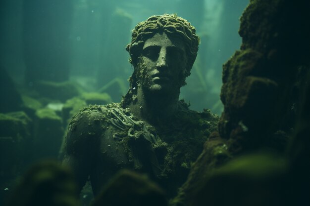 Estatua arqueológica sentada bajo el agua