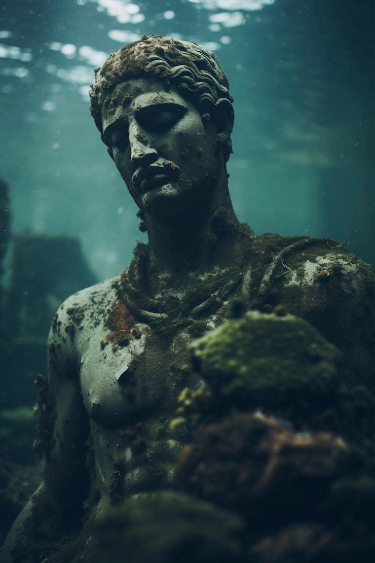 Foto gratuito estatua arqueológica sentada bajo el agua