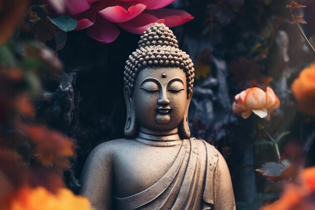 Estatua de Buda con flores en flor