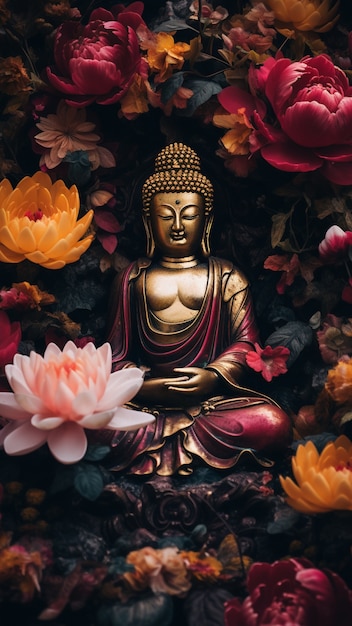 Estatua de Buda con flores en flor