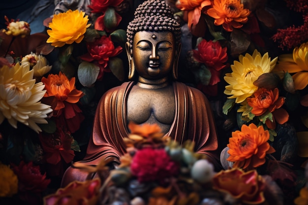 Estatua de Buda con flores en flor