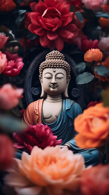 Estatua de Buda con flores en flor