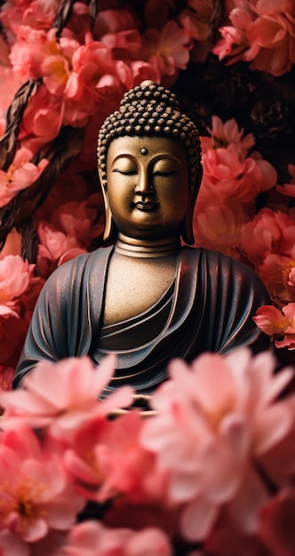 Foto gratuita estatua de buda con flores en flor