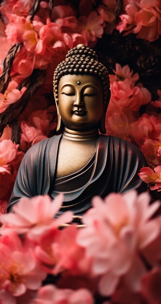 Estatua de Buda con flores en flor