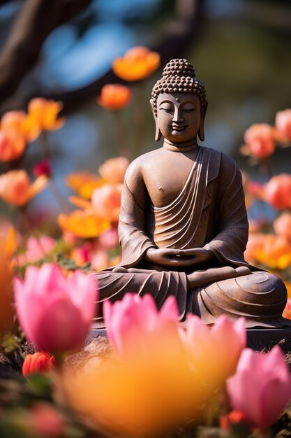 Estatua de Buda con flores en flor