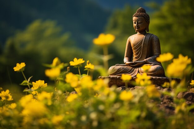 Estatua de Buda con flores en flor