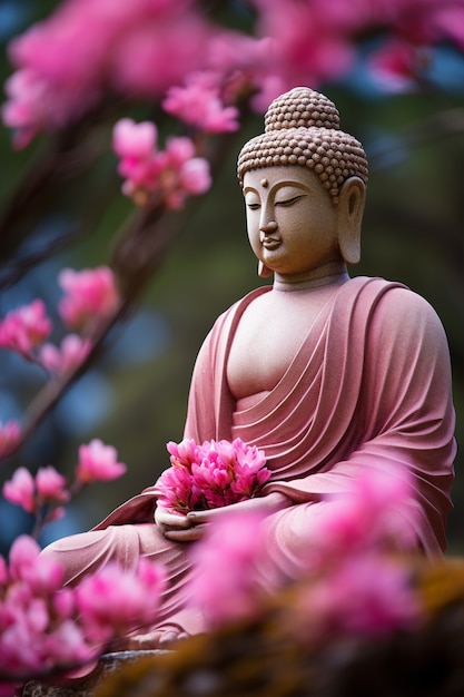 Estatua de Buda con flores en flor
