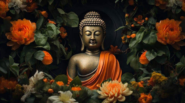 Estatua de Buda con flores
