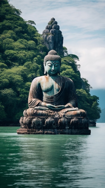 Foto gratuita estatua de buda con paisaje de agua natural.