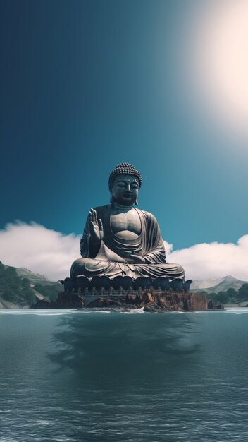 Estatua de Buda con paisaje de agua natural.