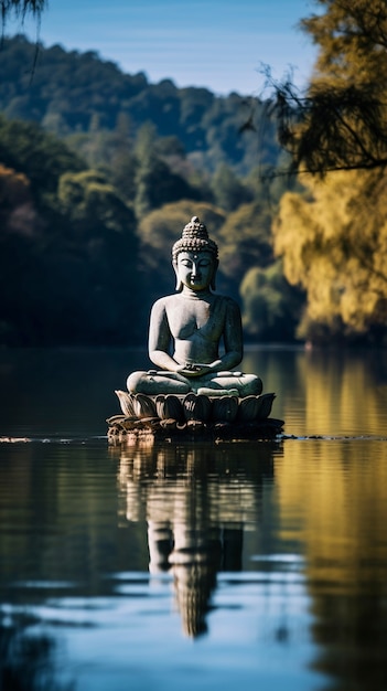 Estatua de Buda con paisaje de agua natural.