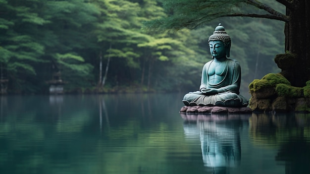 Estatua de Buda con paisaje de agua natural.