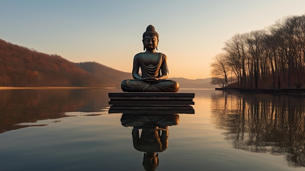 Foto gratuita estatua de buda con paisaje de agua natural.