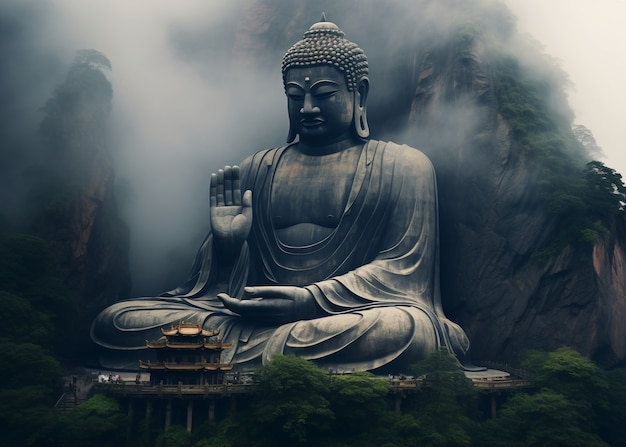 Estatua de Buda con paisaje natural.