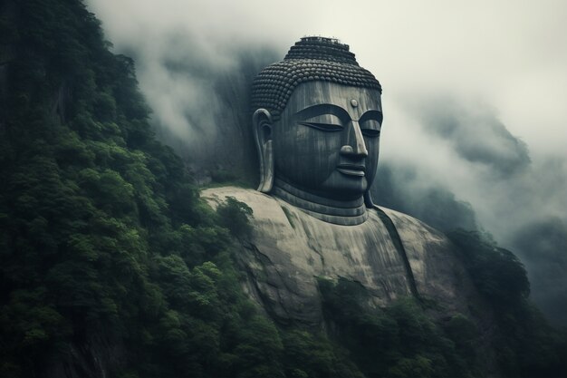 Estatua de Buda con paisaje natural.