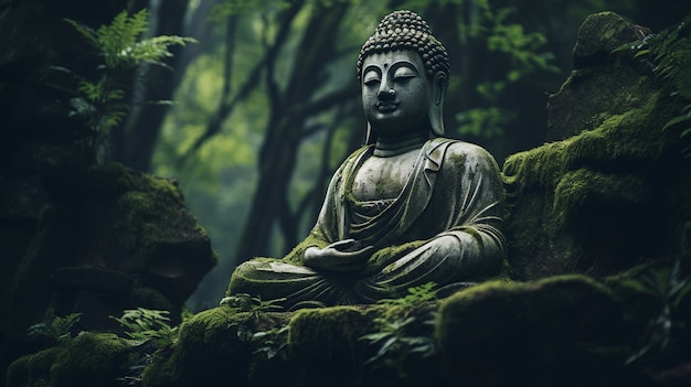 Estatua de Buda con paisaje natural.