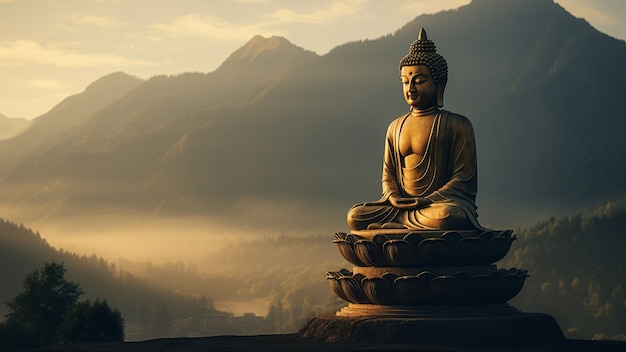 Estatua de Buda con paisaje natural.